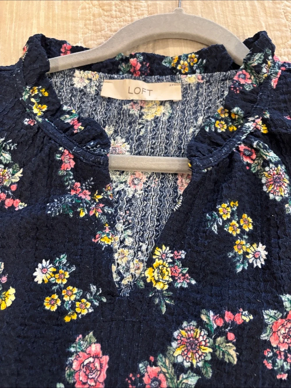 Loft Navy Floral Puff-Sleeve Top